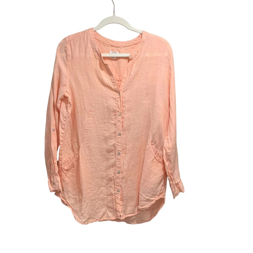 Sigrid Olsen Womens Peach Pink Linen Button Up Roll Tab Sleeve Tunic Top S Beach